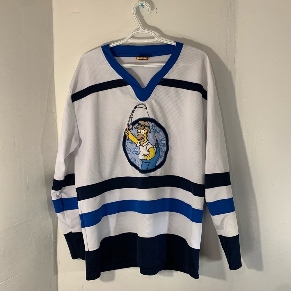 🎣 VTG Y2K 2005 THE SIMPSONS FISHING HOMER LONG SLEEVE HOCKEY JERSEY SIZE S/M 🎣